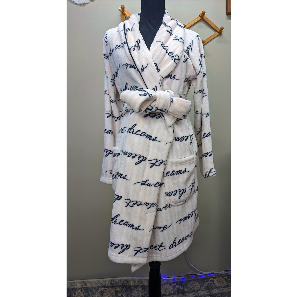 Victorias Secret Sweet Dreams Pink Striped Plush Fleece Robe Shawl Collar Medium